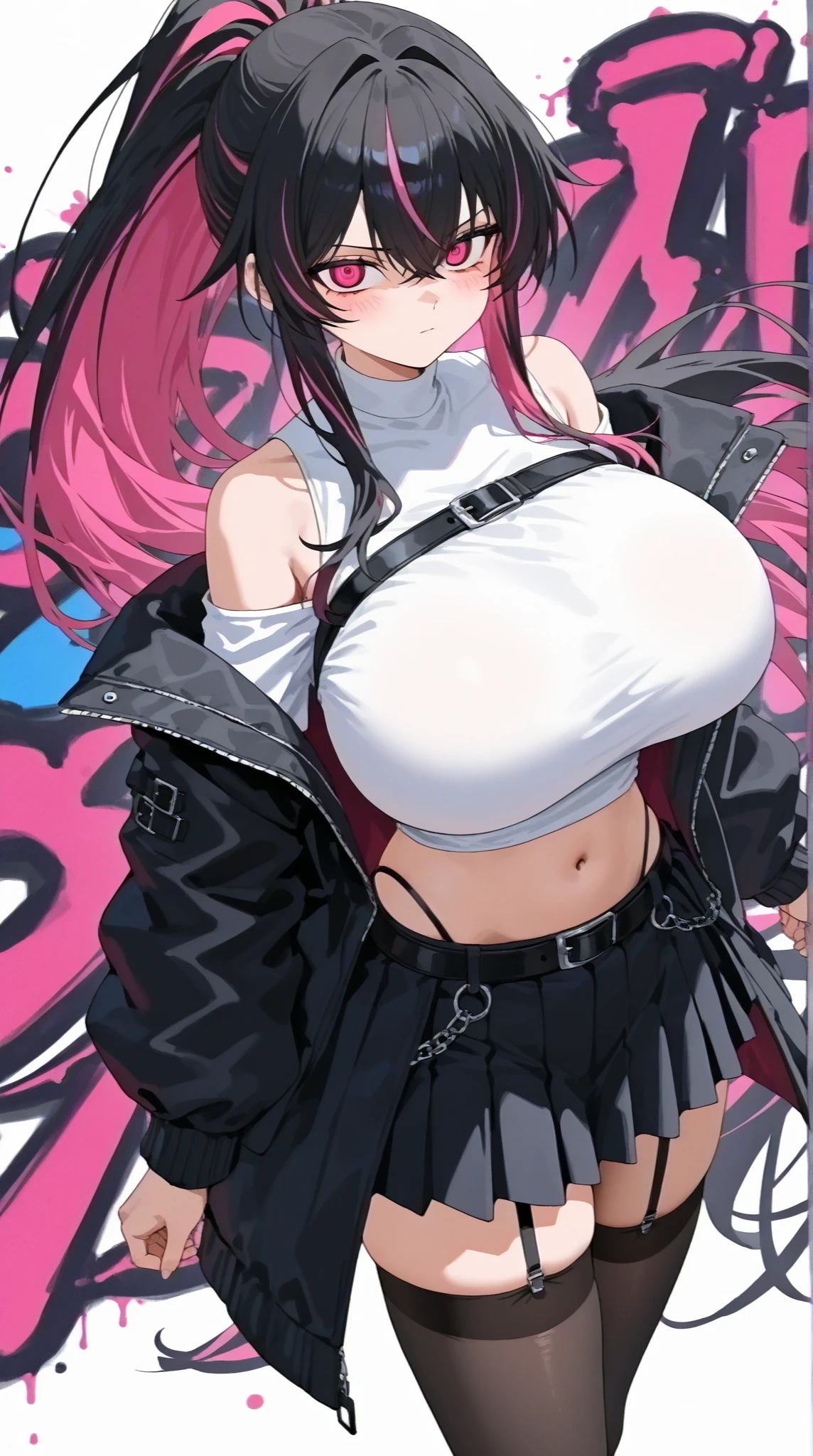 big lips, Brown hair, pink eyes, japanese face, improve, improve grin, two sides up, huge breasts, Wide hips, sexy, detailed, pink room, Hits, (evil smile1.4), kawaii, pleated skirt, punk, GOOD, zombie costume, zombie shirt, zombie choker, zombie skirt, dezombie shirt,navel piercing