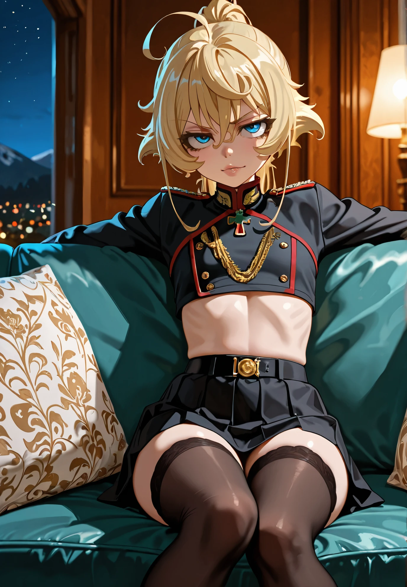 1girl, Tanya von Degurechaff \(Youjo Senki\), girls und panzer, crop top, piercings, thigh highs, skirt, sitting on a couch,sexy pose, alluring atmosphere, night time, mountain cottage, cinematic lighting, masterpiece,top quality,warm color,high resolution,high fashion,absurdres extremely,vivid colors,intricate details,best quality,amazing quality,very aesthetic,newest,ultra-detailed,nsfw