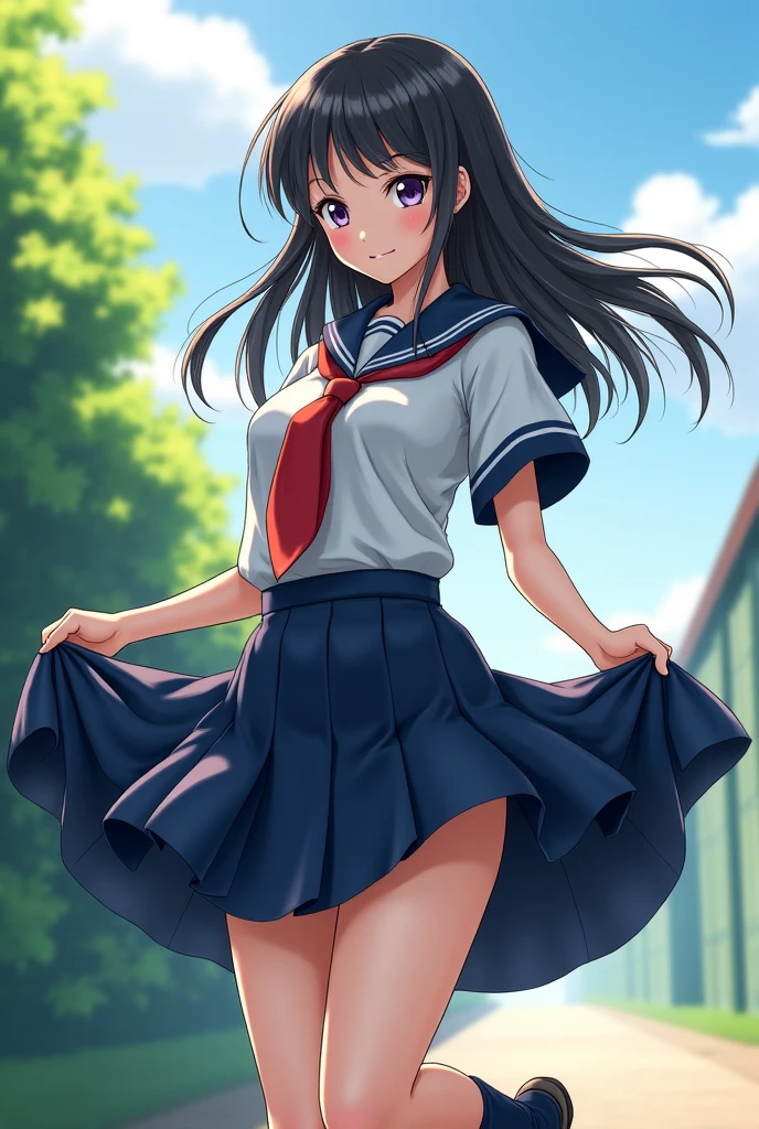 cowboy shot,thin legs,standing,(young girl:1.0),(tiny girl:1.0),(skinny girl:0.8),front shot,small breast,long twin tails,black hair,pink panty,navy colored sailor uniform, navy colored skirt,white knee socks,burst out skirt,up skirt,panty shot,from below,ground level shot,12yo girl