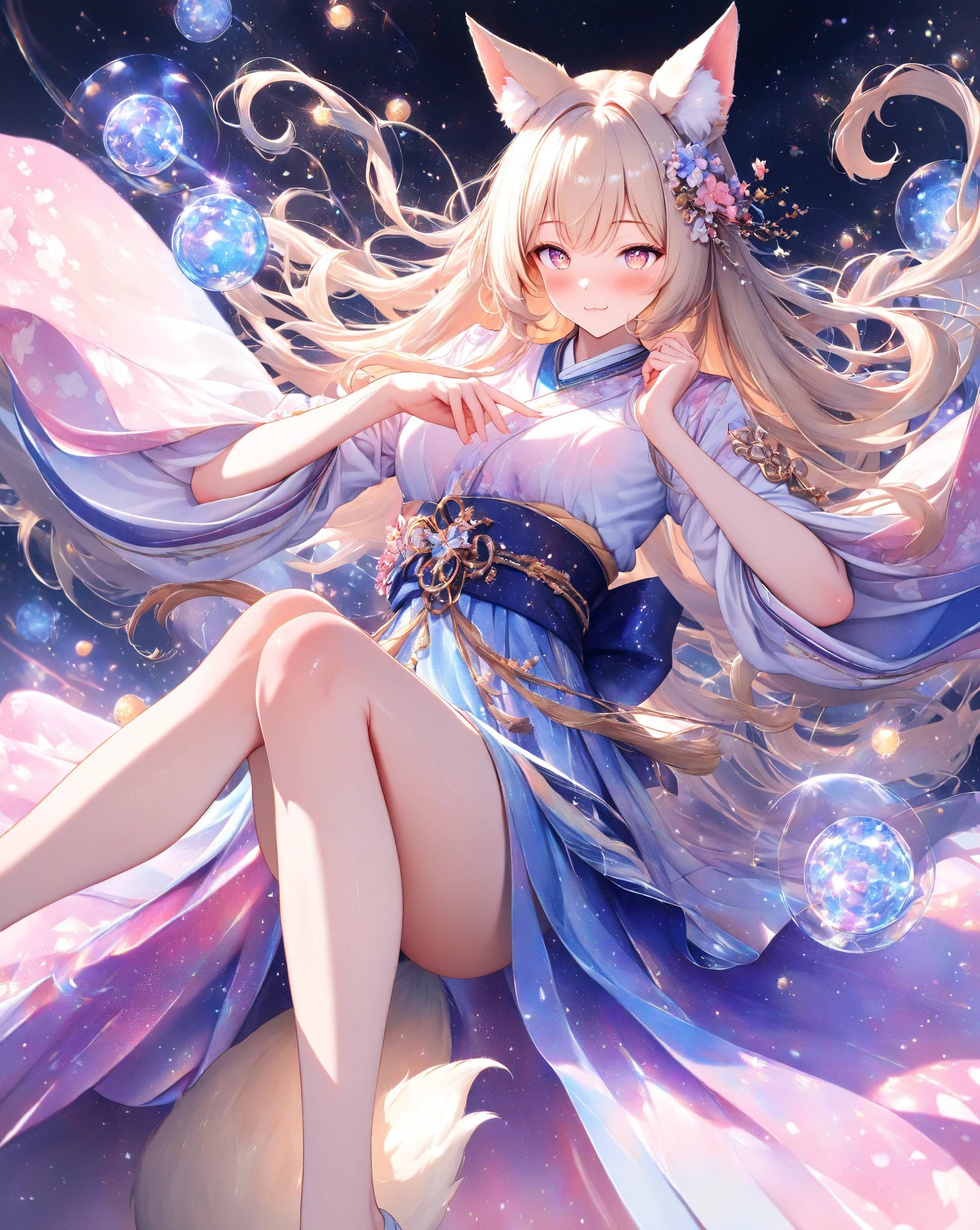 未来の空飛ぶ星の形をしたパステルカラーの乗り物にのったStar Fairy、transparent color PVC clothing, transparent color vinyl clothing, prismatic, holographic, chromatic aberration, fashion illustration, masterpiece, girl with harajuku fashion, looking at viewer, 8k, ultra detailed, pixiv、1girl、vtuber-fullbody、Star Fairy、Masterpiece、Official Art、Super detailed、super beautiful、かわいいStar Fairy、White hair straight short hair、Milky Way、universe、star charm、Star、Baby Face、Knee-high boots、Japanese pattern dress、A remake of a black and navy yukata、universeを思わせるOiranフリルドレス、Oiran