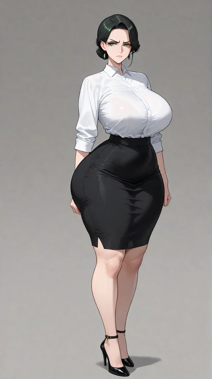A cute sexy girl beautiful big breast long yellow hair shine her brown eye red lip she wears a white long buttoned shirt and a long blue skirt black shoes