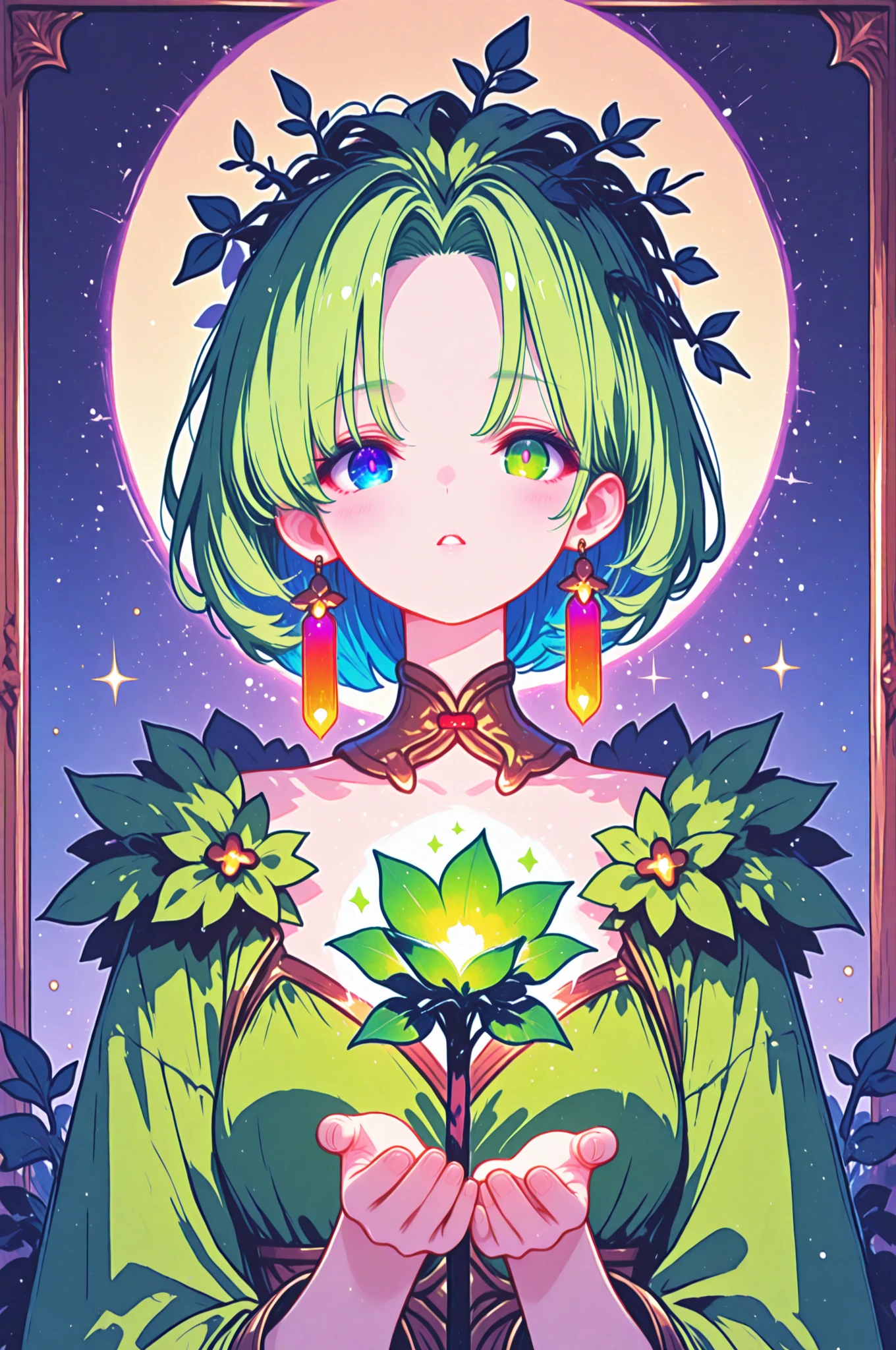 detailed textures, high quality, high resolution, high accuracy, Realism, color correction, correct lighting settings, harmonious composition. alone, Curvy woman, porcelain, black hair, (green and shining eyes:1.5), (detailed eyes:1.2), Smirk,a green dress, jade figure, night, moon, , hauntingly beautiful, Essential lighting, soft pastels, depth of field--ar 3:4- Niji 6

