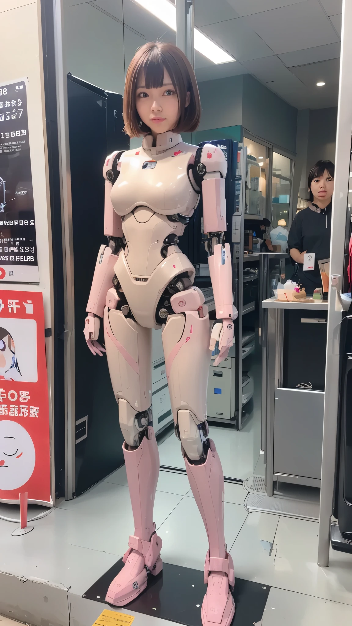 cyborg, pink there, Silver, Metallic body, Robot Parts, Metal Parts, Super Detailed Face, Super well-formed face, of the highest quality, a small face, a small head, full body, Brown hair, Slender body, Camera gaze, Internal Mechanical Exposure, Idol, Well-proportioned body, gravure, Photo session, Akihabara, Moe Pose, Standing with legs open, Model body type, sad, Embarrassing,(Perfect Robot Girl),(Perfect machine body)