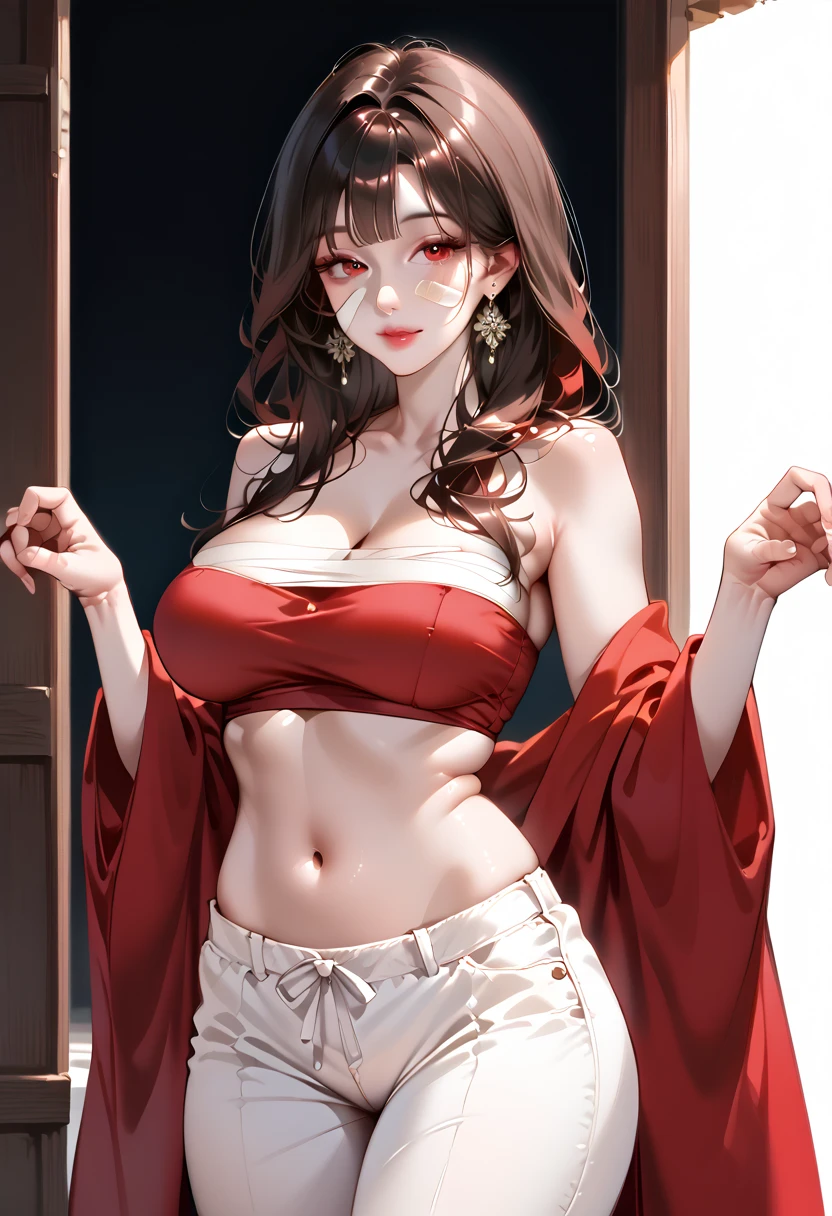 Sexy teenager,tits out:1.8,Upper body naked, Hair Accessories and Necklaces,8K分辨率,top-quality,hyper HD,extreme hight detail,ancient environment,the night,Top Design,Red Hakama,Dynamic lens,Texture,Ancient wind,A smile,dance, Black eyes, A dark-haired, kindly smile, red lipsticks