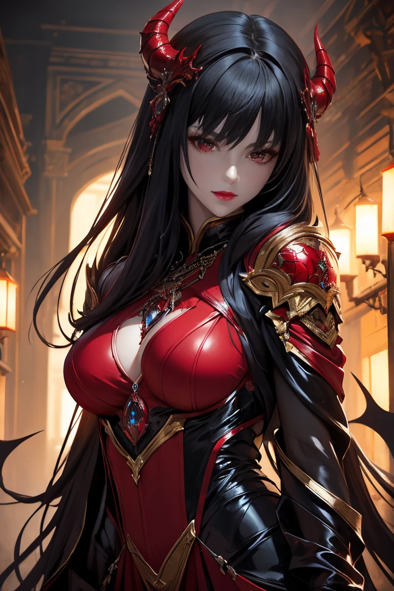 best quality, masterpiece, highres, 1girl, lingerie china armor, hair ornament, necklace, jewelry, Beautiful face, upon_body, tyndall effect, photorealistic, dark studio, rim lighting, two tone lighting, (high detailed skin:1.2), 8k uhd, dslr, soft lighting, high quality, volumetric lighting, candid, Photograph, high resolution, 4k, 8k, Bokeh, medium breasts, (light pink lips), 1 beautiful devil woman from hell, In the Dark: 1.6), surreal female portrait by David Hockney and Alphonse Mucha, fantasy art, korea doll, photorealism, dynamic lighting, artstation, poster, volumetric lighting, very detailed faces, 8k ultra, Awarded, in the dark, deep shadow, low key, cowboy lens, (Red phoenix dress: 1.4), long hair, black hair, bust, luxurious palace, Royal style, devil crown, red eyes make up very sharp and detailed, The most beautiful face, The breasts are very big and round and round, Super realistic, chinese women's clothing, polo neck sweater, Charming smile, The eyes are very well made up, guweiz, devil style, wearing black mesh socks, Ponytail with a bow tied at the back of the hair, Red black lips, Devil tattoo on shoulder, wearing a thin red and black robe, the landscape is overcast and thunderous, (Portrait), Close-up of the main character, (Background details 1.8),