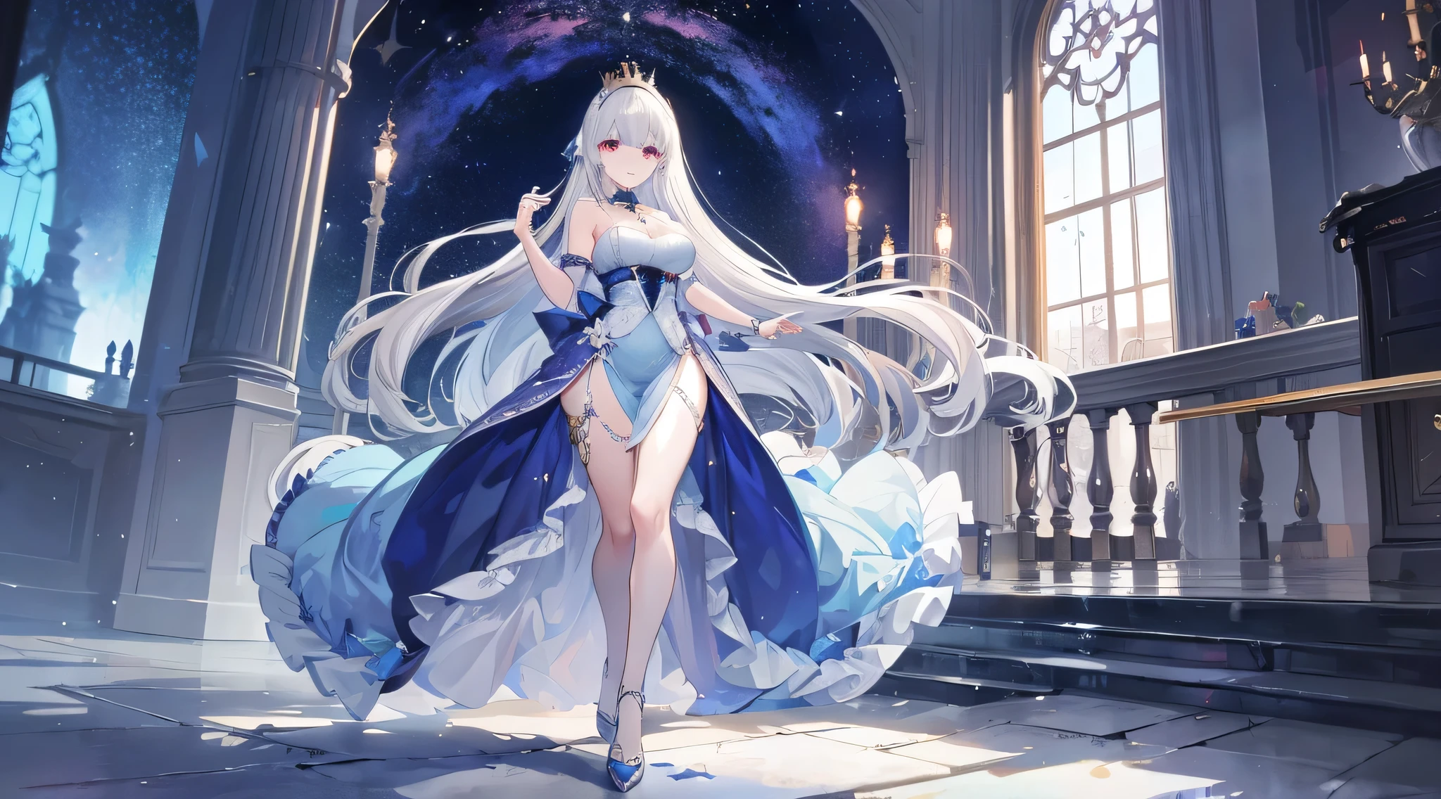 Anime ice princess full body view with perfect hands, huge Breasts,white hair, aqua eyes, ice woman, hands hidden, living room, smile, ice world 