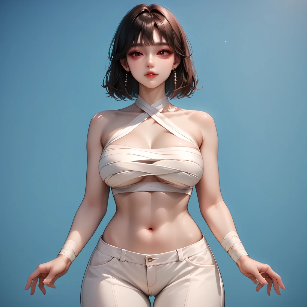 raw photo, dynamic pose, messy hair, 1girl, pale skin, delicate face, intricate details, (ancient style clothes, shorts), huge breasts, (small waist, (wide thigh gap):1.2), ((wide legs):1.3), white background, masterpiece
