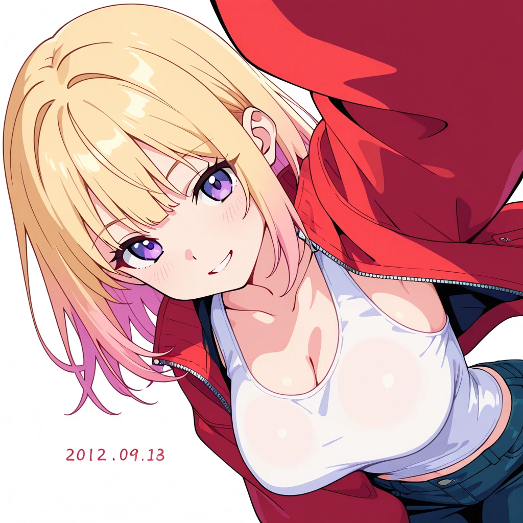lunatic \(casual\), 1girl, solo, earrings, long hair, jewelry, bangs, jacket, looking at viewer, long sleeves, collarbone, open clothes, ahoge, upper body, large breasts, open jacket, black jacket, blue eyes, blonde hair, smile, blunt bangs, shiny hair, closed mouth, straight hair, (no bra), (no shirt), (naked coat), magazine cover, <lora:Anime Magazine V4:0.6>, <lora:lunatic-08:0.6>