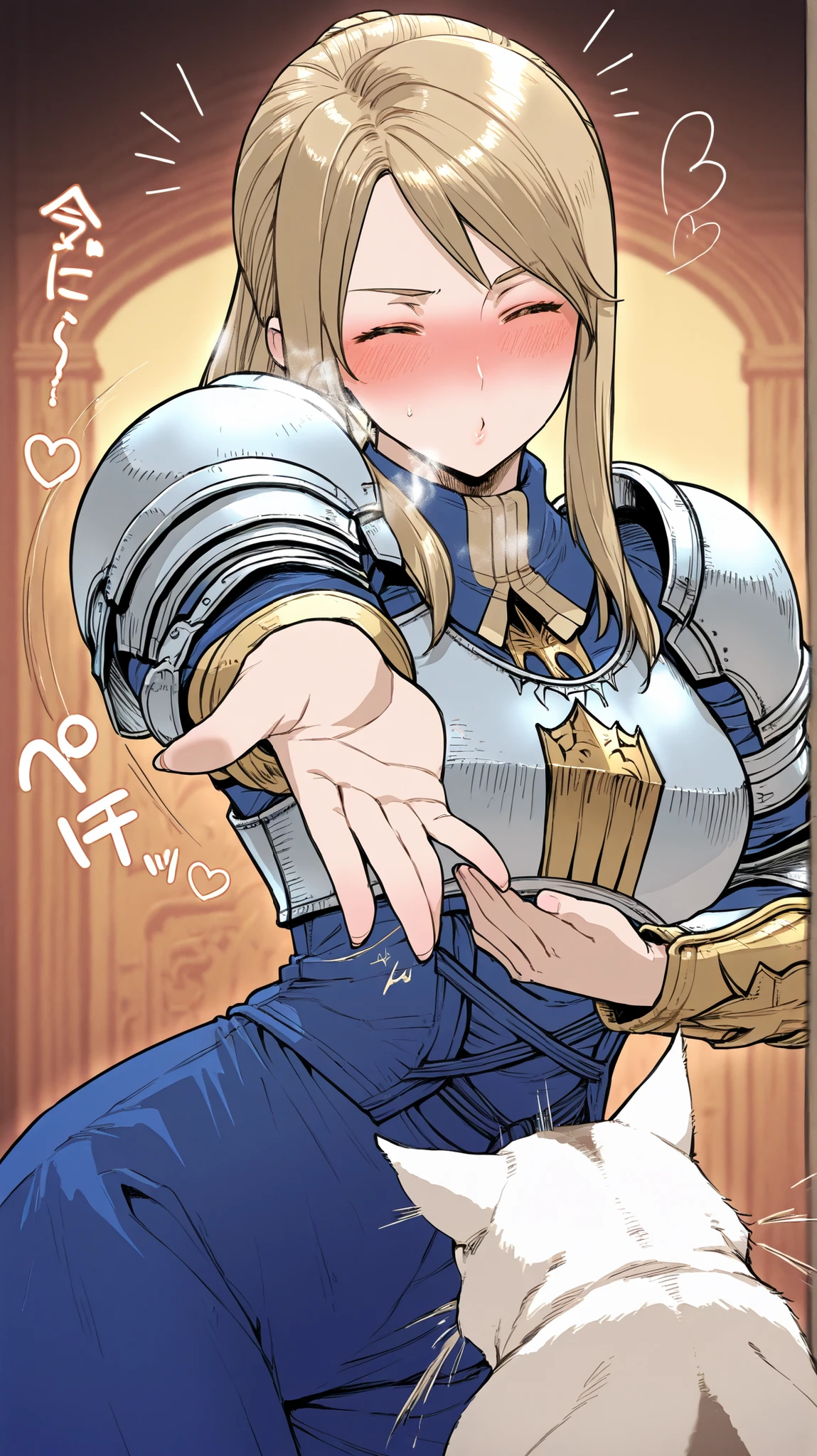 1 girl playing with a cat、(Final Fantasy series),(Agrius Oaks)、(Armor)、DYNAMIC ANGLES、I'm ashamed、An unfamiliar wink、Blush、masterpiece、Best Quality、(Blow a kiss:1.2)、(Throwing Kisses:1.2)