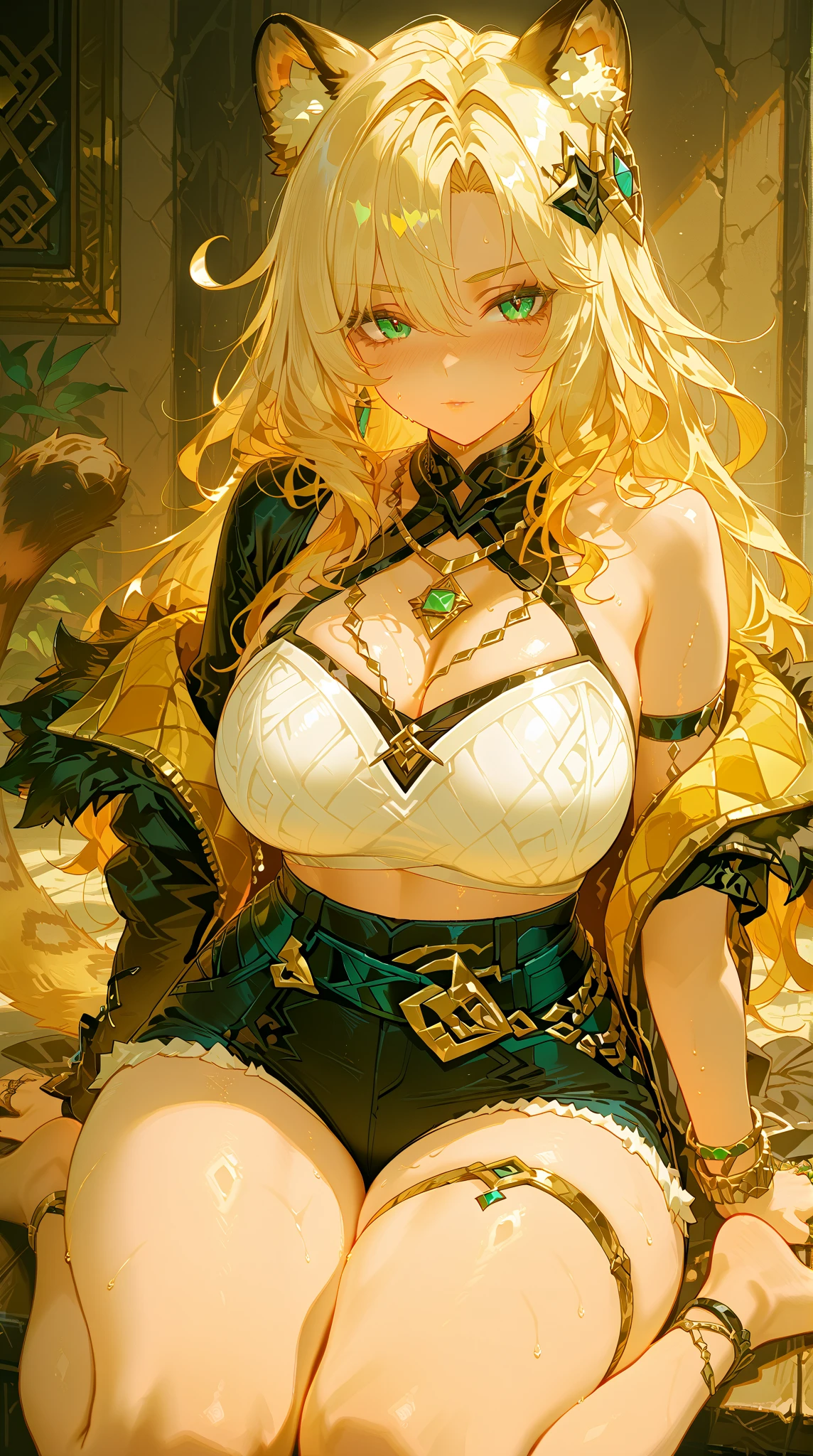 best quality, ultra detailed, high detailed, messy hair, golden eyes, , (big breasts:1.6), bangs, (looking at camera), natural light, rim light, standing in the deep jungle, deep jungles behind, trees, wet, arms up, smile, pureerosface_v1, (lags spread), (perfect anatomy)