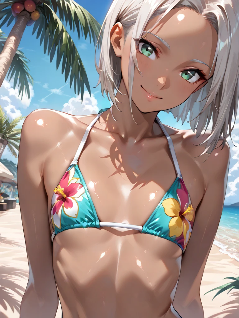 highest quality、Realistic、Women、Japanese、zoom、look up、cute、smile、Ocean、Gray eyes、Platinum Blonde Hair、Very Short Hair、Light blue bikini、Face close-up、slender、Small breasts