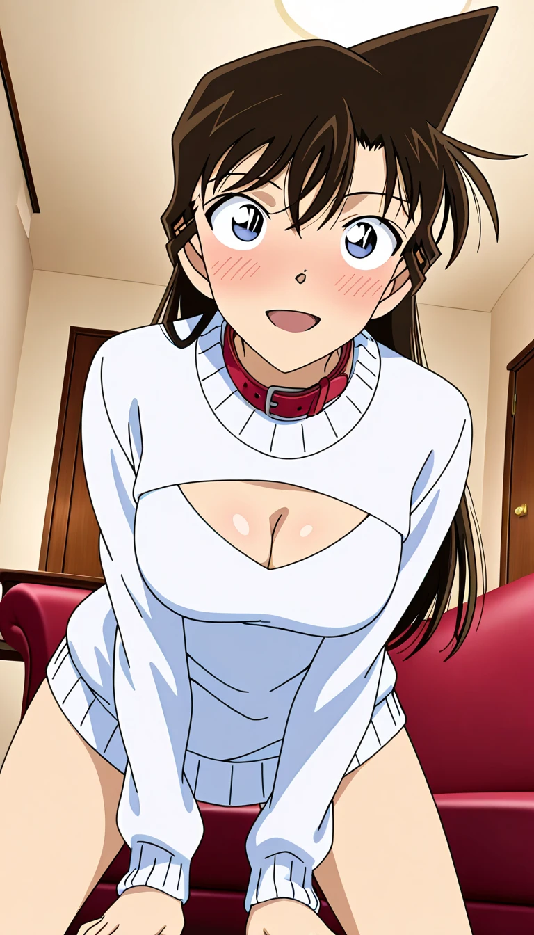 1 girl, nurse, nurse cap, white clothes, ((white knee highs)), blue eyes, smile, Are standing, ((hospital room)), sharp outline, short sleeve, highest quality, masterpiece、exposed、((Always Panchira)),big breasts、Button flies、(put your chest on the desk)