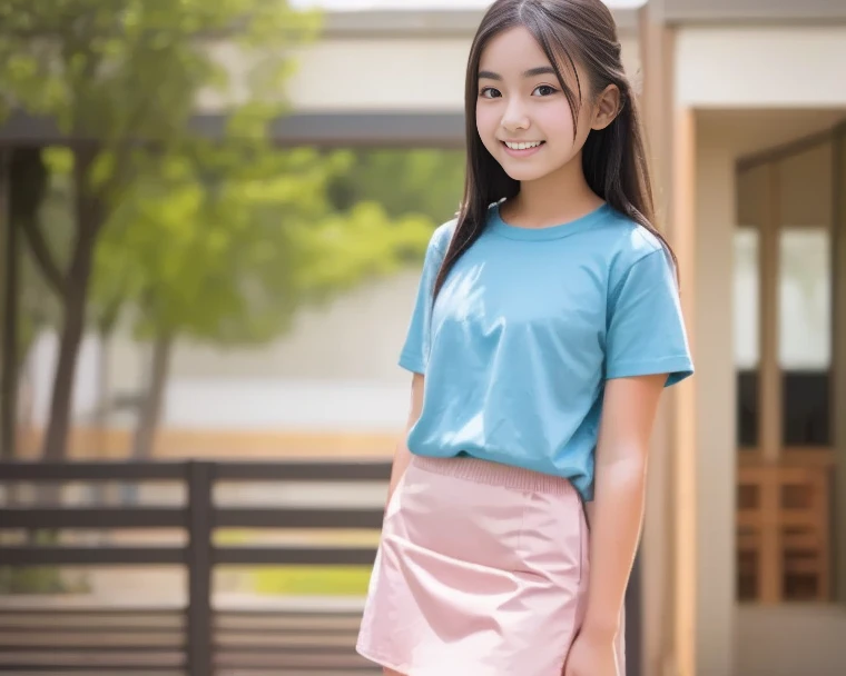  girl、baby face、smile、blue shirt、skirt