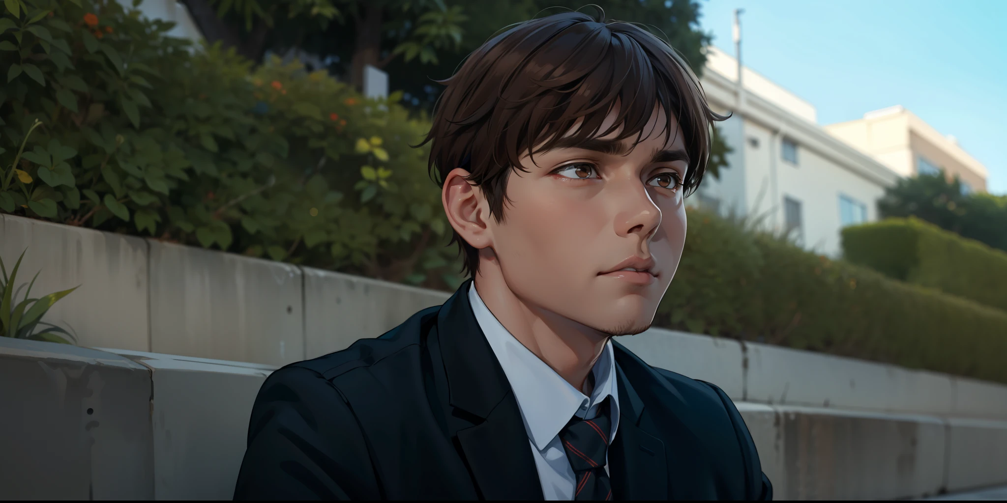 4k, realistic, very detailed, 13-year-old male teenager, dark hair, green eyes. He's looking scared