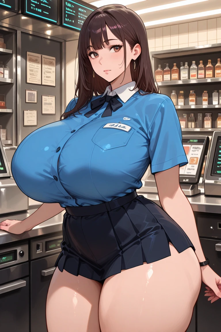 (masterpiece:1.3), (ultra detailed:1.2), (1girl:1.8), (convenience store cash register:1.5), (cowboy shot:1.5),
s, black hair,
(baby face, cute face:1.3), (jitome:1.4), (blush:1.5), (large breast:1.3), (breath, steam:1.2), (face detailed, body detailed:1.6), (blue and white striped uniform:1.5), (uniform detailed:1.7), (hip detailed:1.4), (looking at viewer:1.2), (standing, arms behind head:1.3)