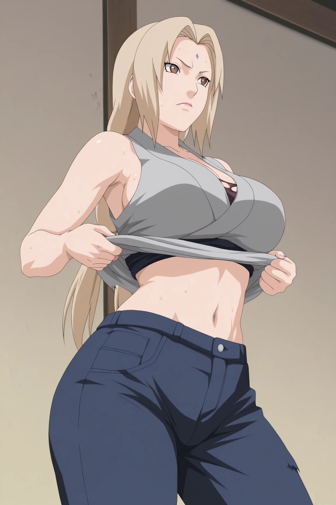 Yuki tsukumo from jujutsu kaisen, long hair, blonde hair, front view detailed body, long belly, big , tight body , thicc medium breast , thicc thighs, standing , front shot, facing at viewer, looking at viewer, facing at viewer, crop top, black tank top, navel, dolphin shorts, pantyhose, standing, gym, indoors,