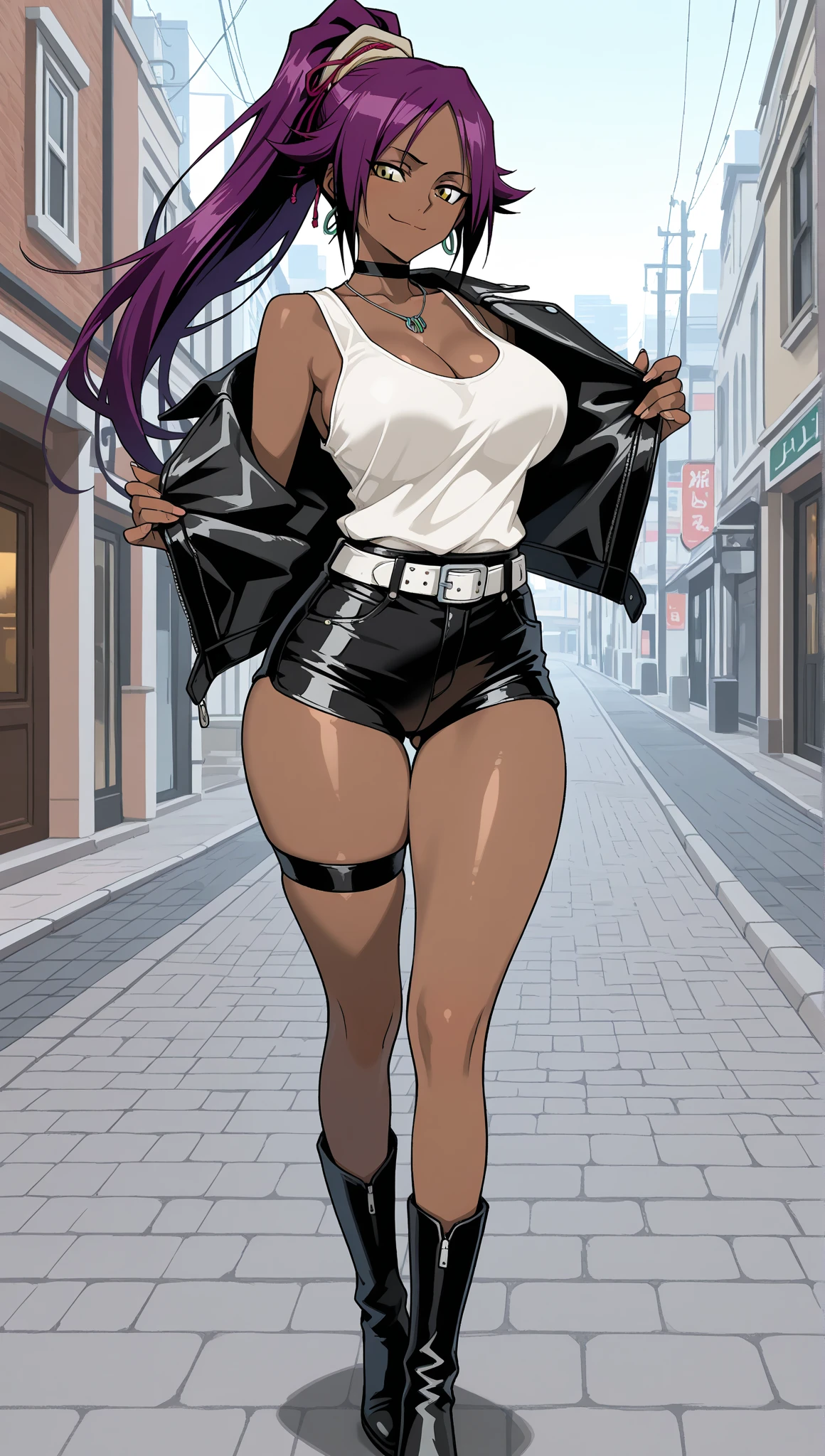masterpiece, best quality, 1girl, plump body, (huge breasts), (((wide hips))), dark skin, (((thick thighs))), hmmarnie,choker,gyaru girl, jewelry,white hair,long twintails,dark pink eyes,hair between eyes , cowboy shot, standing, (smug), (open mouth), (golden cropped down jacket), (crop top), (hot black pants),tight clothes,leather belt,cropped hoodie,fishnet short,gyaru fashion, vampire,long ears, full body, min, chibi,