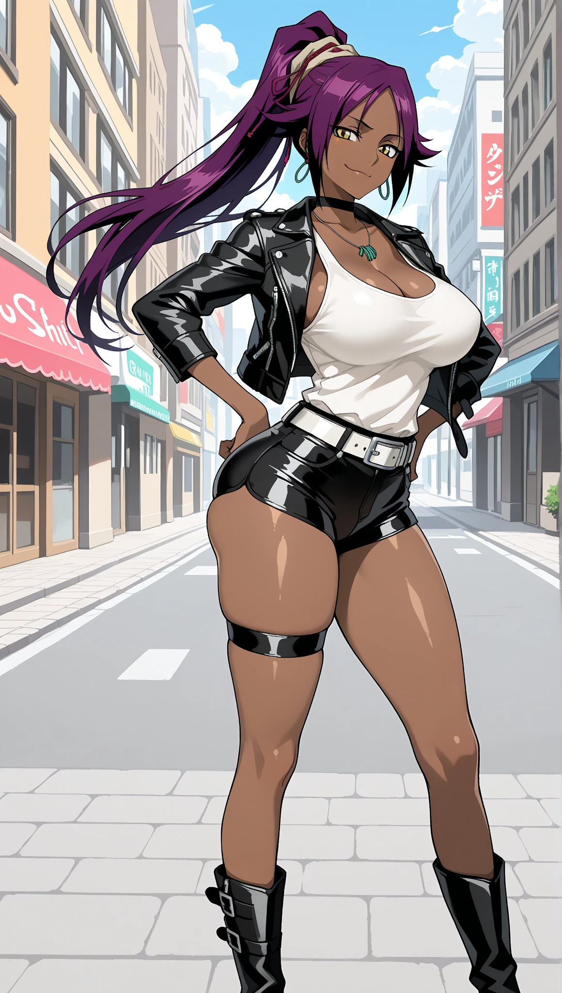 female, black long hair, red eyes, dark skin, black wolf ears, black wolf tail, (((1girl))), (((black leather bra))), (metal collar), (black short shorts), (black belt), (black boots), cute and sexy, huge breasts, huge butt, full body, long legs, smiling, monster girl