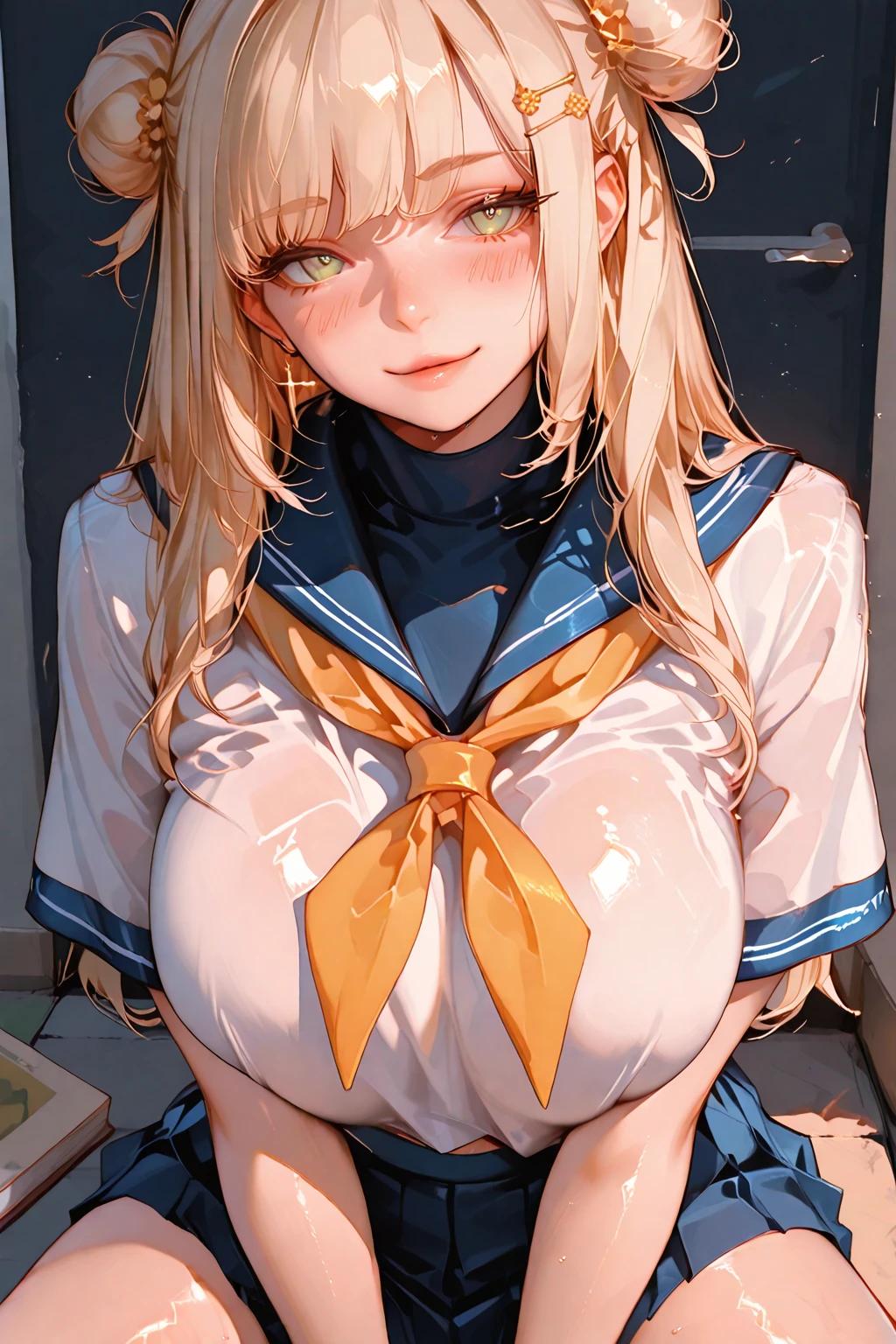 Make me a cat girl, the girl has long blonde hair, she has a sexy and athletic body but not so muscular, thighs and buttocks not too much either. big, not too small, her breasts not too big and not too small, make her a cute and shy cat girl, her face is flushed with a shy and embarrassed expression. She will be without any clothing, she will be completely naked, and with her body exposed to the air showing her private parts with her buttocks pointing towards the viewer, and they give me a full body image, her blue eyes.