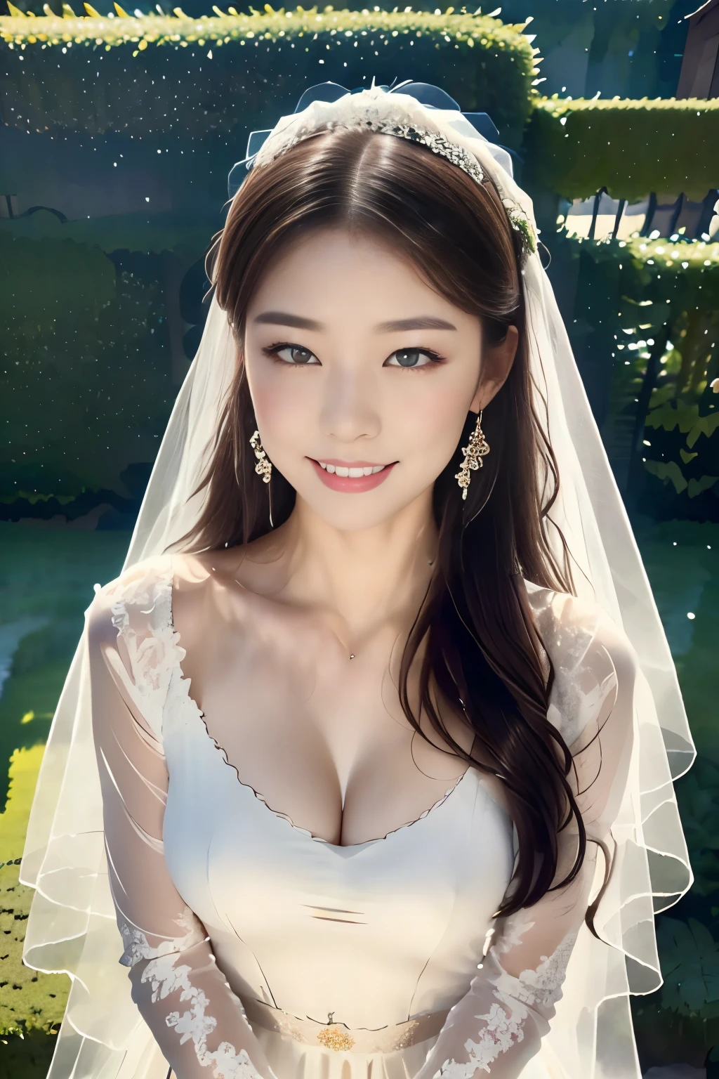 fantasy、long hair、blonde、cute woman、white skin、white skin、Transparency、Garden Wedding、Rose、Wedding dress、all lace dress、veil、tiara、thin eyebrows、Rounded face、happiness、bouquet、big breasts、don't blush、the light is soft