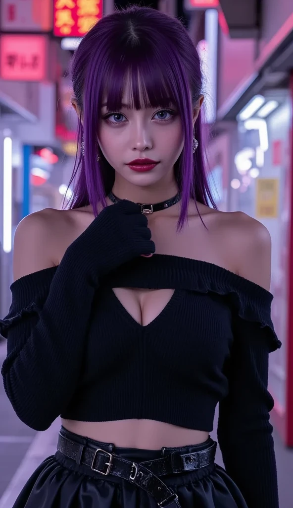 (masterpiece:1.2, best quality), (real picture, intricate details, accentuated super huge enormously gigantic breasts deep cleavage showing), solo, girl, Clothes: edgy, harajuku inspired avant-garde, experimental Appearance: shaved head or bold hair color, dramatic makeup, unconventional fashion choices Behavior: rebellious, non-conformist, provocative Location: luxurious bedroom, underground music scene Hobbies: attending punk shows, creating mixed media art, experimenting with different subcultures Values: individuality, authenticity, creative expression Inspirations: punk rock music, counterculture icons, avant-garde art movements Personality traits: bold, daring, unconventional. Neon purple short hair emo pin up girl, striking a sexy seductive slutty pose, fullshot, centered image, ultra detail, extremely face detail, extremely eye detail. Neon purple long hair, eye detail, very eye detail