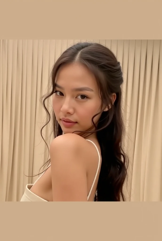 Ultra detailed photo of a beautiful 28 year old italian woman, smiling, in white underwear,with long brown waved hair, tanned skin, from behind, in her bathroom, highly detailed, attention to detail, octane render, award winning visual, depth of field, intricate details, extremely detailed