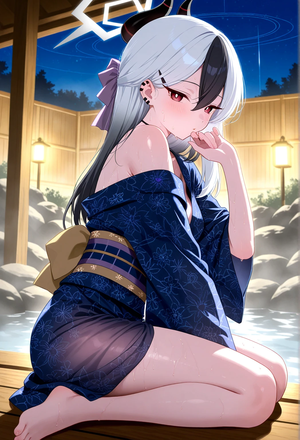 a girl sitting on barstool, Japanese Clothes, ((short cloth)), white panties, hot-spring city