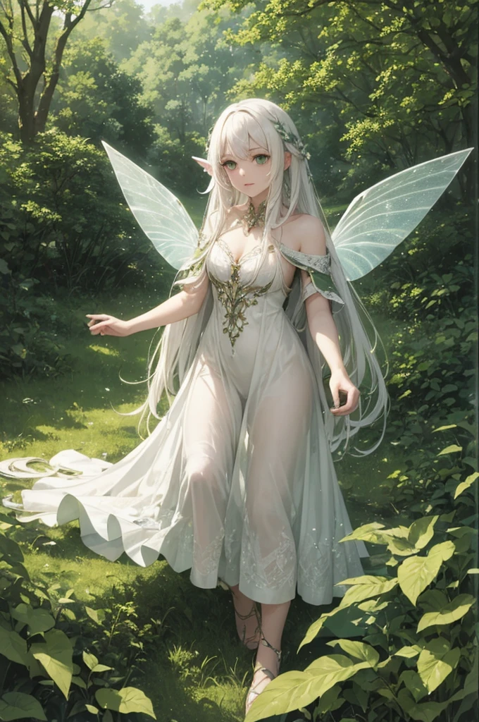 White hair, ฺฺBeautiful Lady, Elf, Have two horn that covered with vines and flowers, Fantacy Evening dress that looks like a Nymph, face turned sideways
