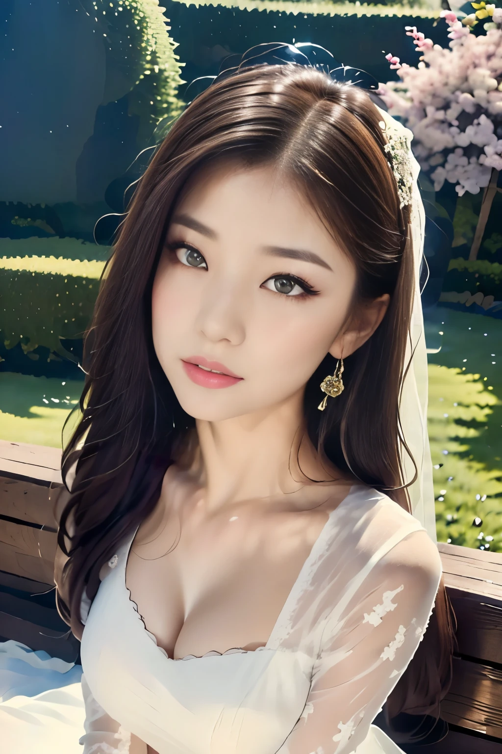 beautiful girl, hair draped over shoulder, clear eyes, smooth hair, Beautiful and perfect face, The most beautiful big eyes, Long eyelashes, Sweet eyes and a lying silkworm., frowning, Dynamic angle, Ultimate image quality, highest accuracy, Precise and perfect human body, necklace, chest, close up, outdoor, The background is flowers and trees., Long shot,