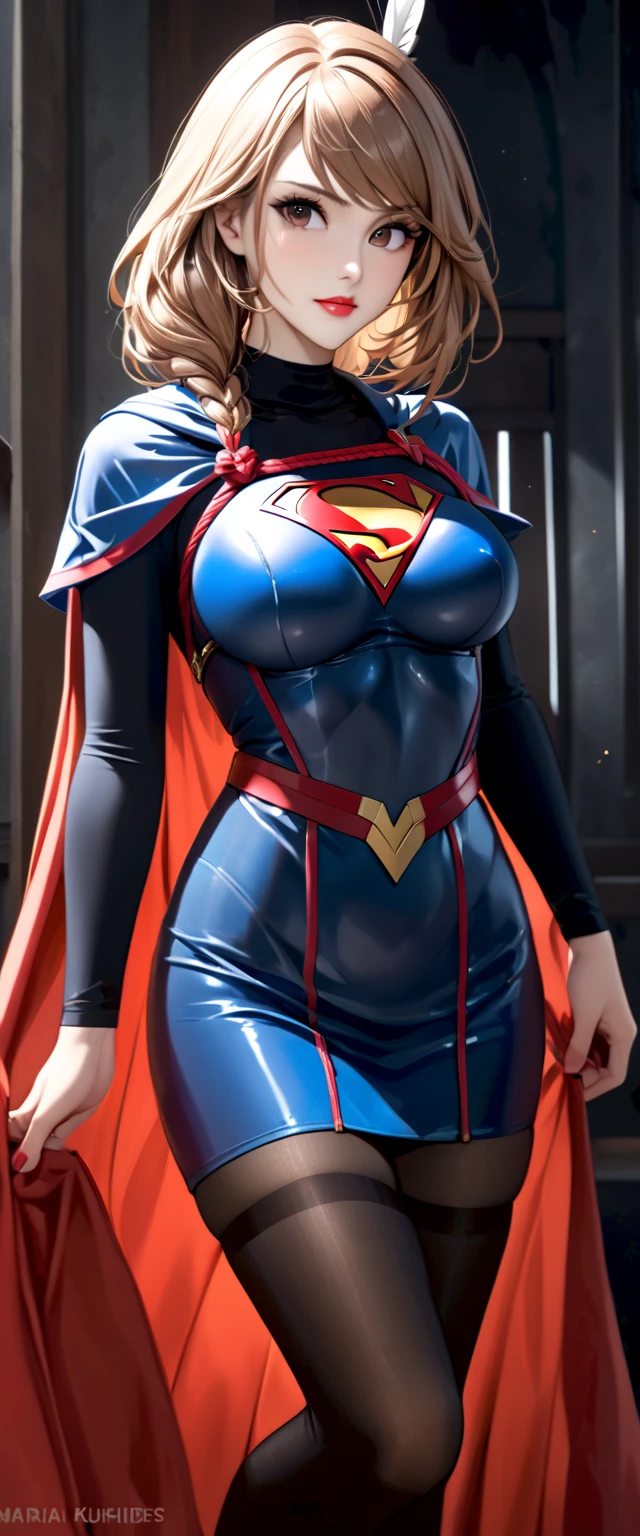 (Highest quality,4K,8k,High resolution,masterpiece:1.2),Very detailed,(Realistic,photoRealistic,photo-Realistic:1.37), Vibrant colors, bokeh, High resolution, In town, Very detailed explanation, Physically Based Rendering, Ultra-fine painting, Sharp focus, Professional, Portraiture, sexy supergirl, Beautiful attention to detail, Beautiful lip detail, Blue eyes, Red-headed Ponytail, Yellow and silver outfit, A red cape covering the abdomen, whole body, 8k High resolution