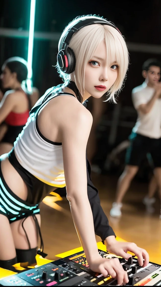 (tomboy woman DJing on turntables on stage at EDM festival:1.3), EDM event lighting effects, on stage in front of crowd, giant futuristic screens in background, neon room, (white cropped jacket:1.1), (vivid glowing blue eyes:1.2), (white hair:1.2), (cyan streaks in hair:1.2), high ponytail, (cocky smirk:1.2), (abs:1.2), rave lights, (lasers in background:1.2), glowing light strips on clothes, slim build, looking at viewer, giant speakers in background, beautiful glossy reflective detailed eyes, (high leg panties:1.2), (white short pants:1.3), (thin straps over hip bones:1.3), (hip straps:1.3), (side shave:1.3), (undercut:1.2), defined hip bones, cleavage, lean