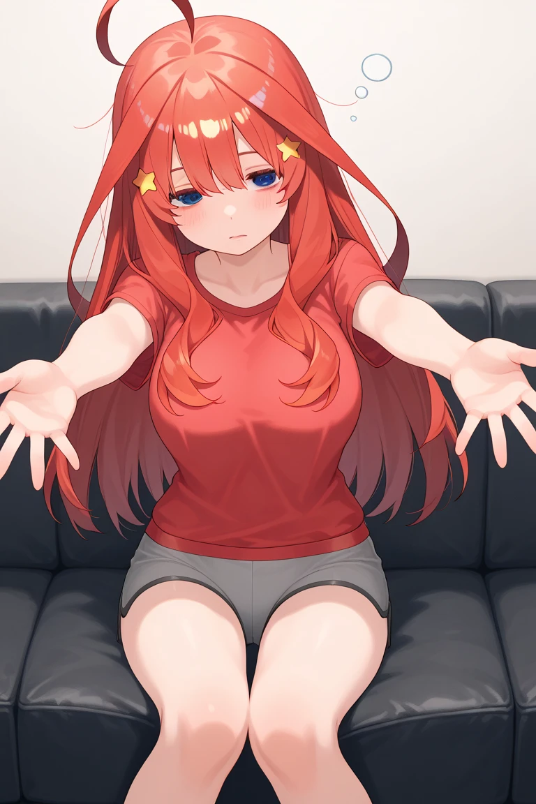 (Best Quality, Masterpiece),sexy, erotic, 1girl, 18 years old, Contempt, pride, long red hair, looking at viewer, bedroom, (standing), ((dark room)), sweat, ((cleavage)), warm light, ((hand in panties)), ((blush)), raised eyebrows, perfect hands, bedroom, (((underwear))), abdomen, thick thighs, panties, (from below), star hair ornament, blue eyes, ((arms)), ((ahegao)), tongue, yawn