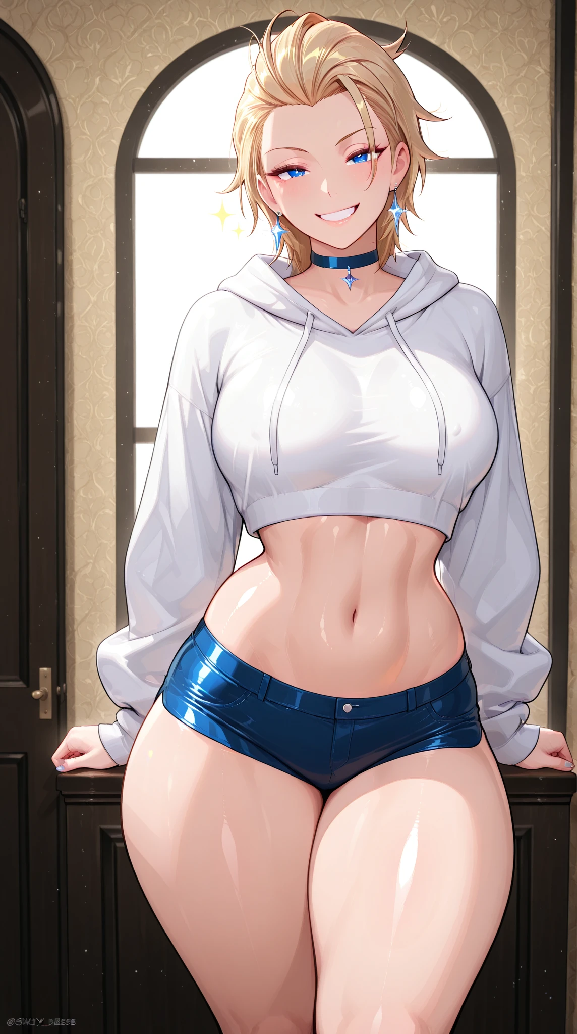 beautiful detail eyes, (realistic skin), beautiful skin,(masterpiece))), (((best quality))), ((ultra-detailed)), (highly detailed CG illustration), mature woman, big breast, short blonde hair, wolf cut hair, Fox ears, violet eyes, large breast, curvy, navel, bare shoulders, loose shirt, underboob, yoga pants, gym, indoors, Hoodie, loose Hoodie,