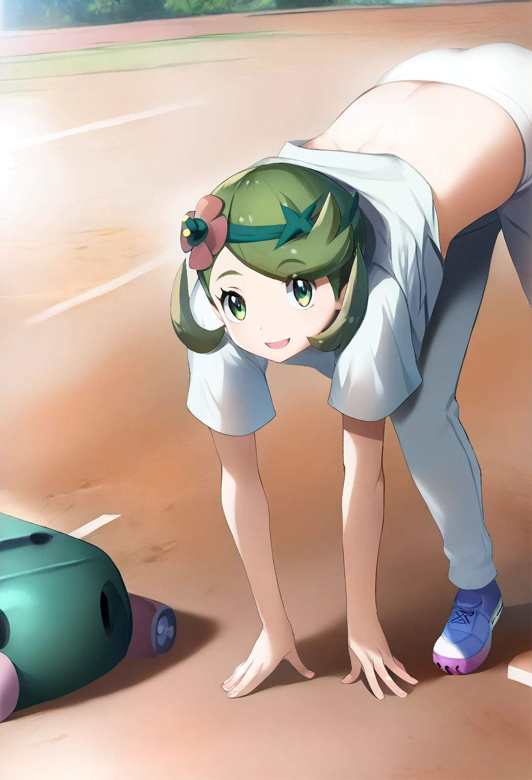 <lora:downward_dog_ponyxl_DoRA_v2:1>, downward dog, bent over, top-down bottom-up, full body, 1girl, solo, :d, open mouth, smile, front view, looking at viewer, track and field, legs apart,
mallow \(pokemon\), green eyes, green hair, hair flower, white baseball uniform, white pants, sneakers,
score_9, score_8_up, score_7_up, score_6_up, anime, rating_safe