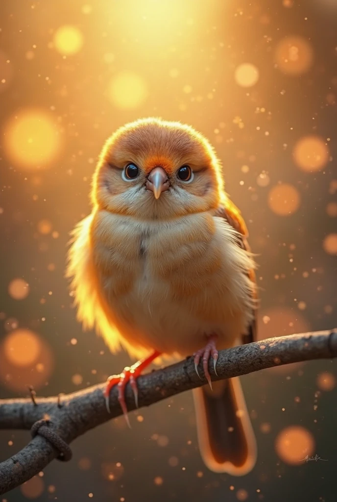 A charming close-up portrait,Showing a beautiful bird,Illuminated by soft golden light on a quiet morning,The bokeh ball gently frames its petite body