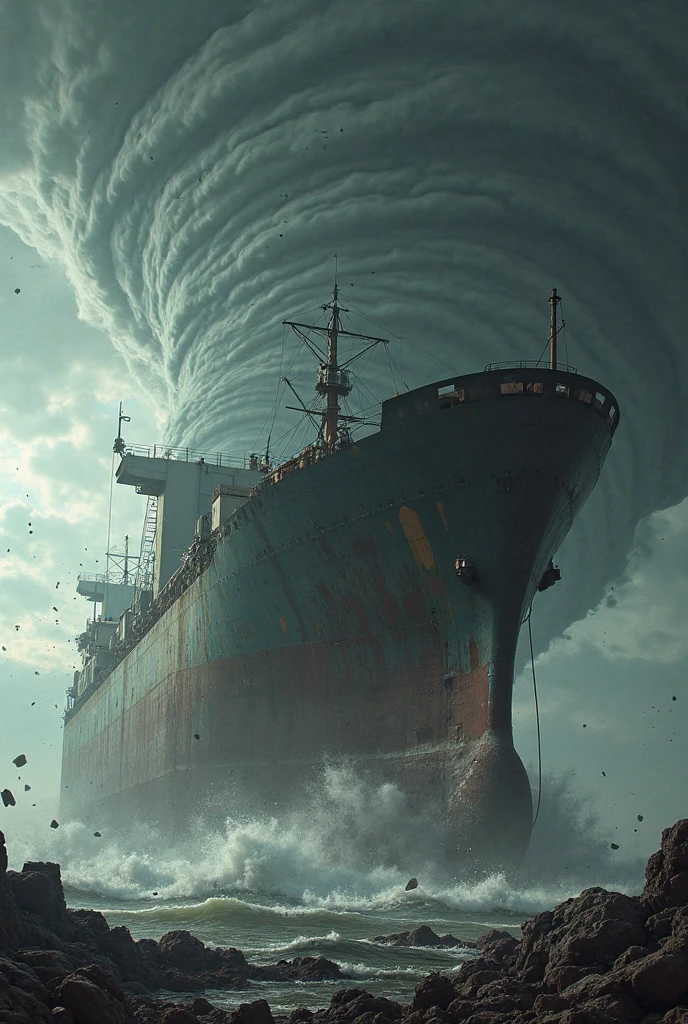 A freighter about to be swept away by a tornado
