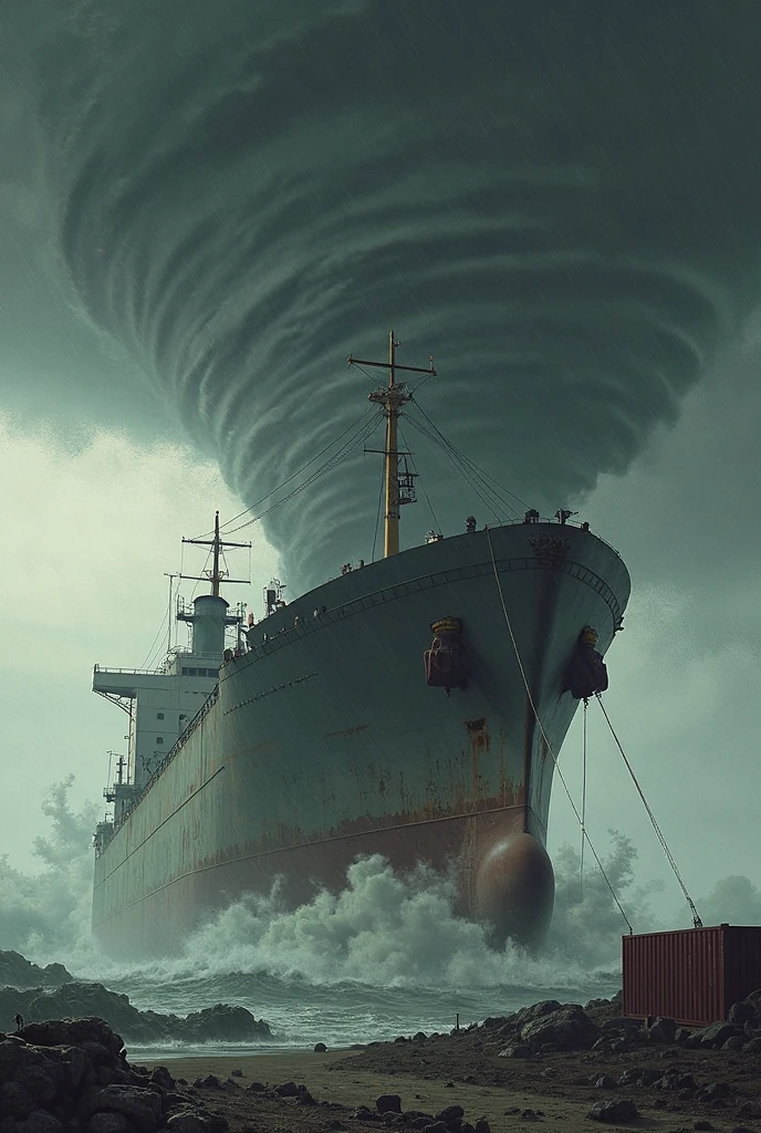 A freighter about to be swept away by a tornado