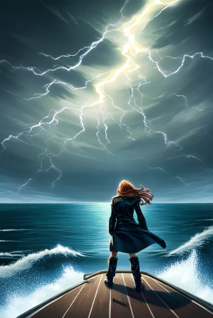 breitling, standing on ship deck, stormy sky, Ocean Waves, wind coat, Lightning in the background, hero pose, Ocean Fantasy, Digital Scrub Painting, dramatic lighting, detailed water effects, atmosphere, 8 thousand, masterpiece
