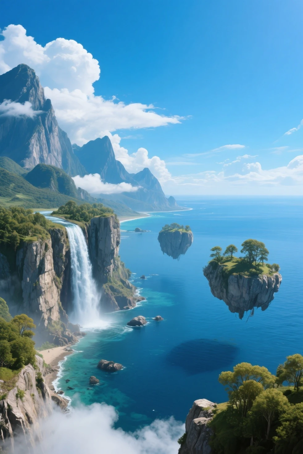 ({{high resolution,}},masterpiece,Ultra Fine,best qualityer,8 thousand)clouds, daysies空, scenecy, daysies, blue _daysies空, mountain , cloudsy_daysies空, exteriors, Eaufall, fanciful, horizon, precipice, Rochas, Eau, The landscape, mountain ous_horizon, the ocean, The tree, flod, floating_island