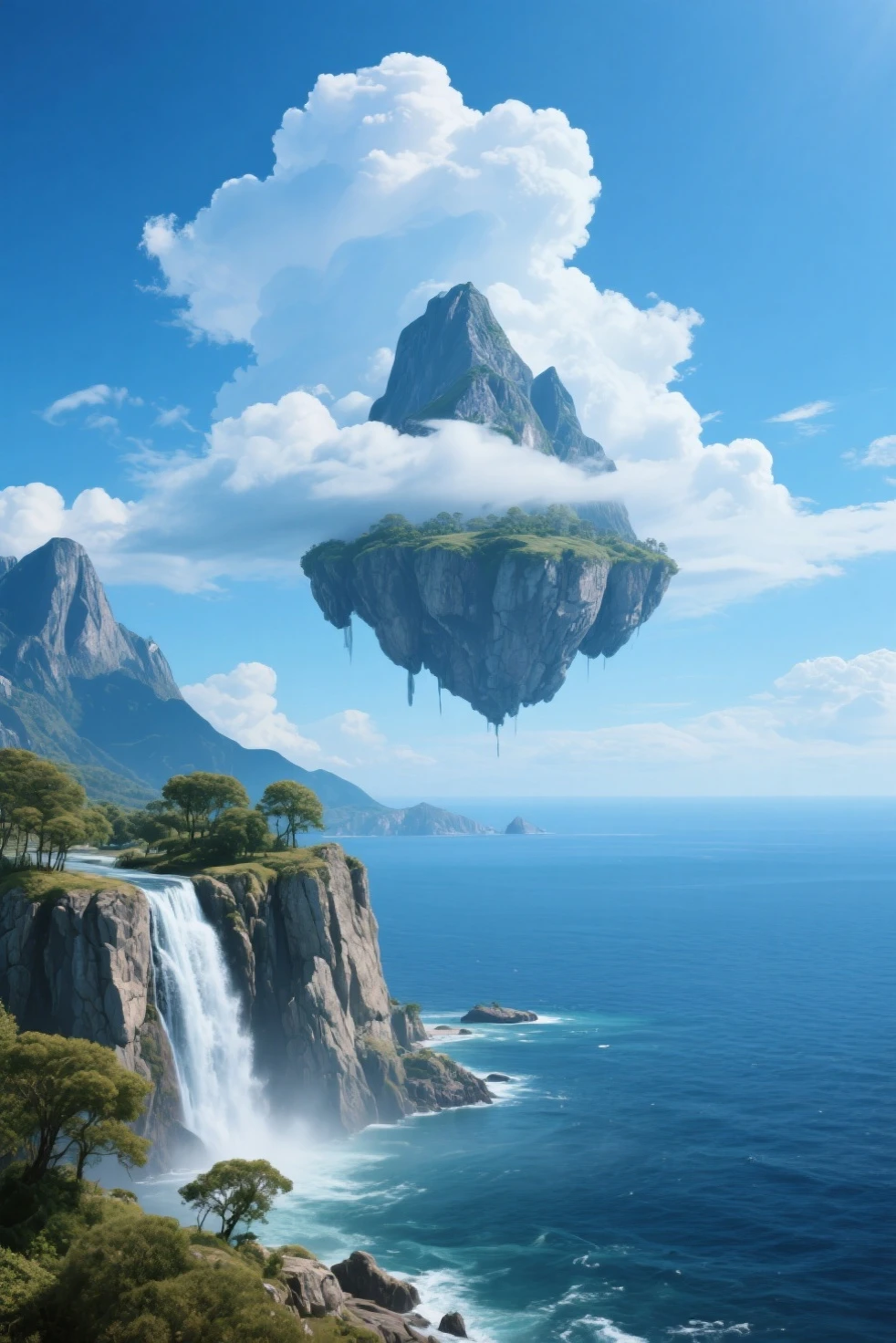 ({{high resolution,}},masterpiece,Ultra Fine,best qualityer,8 thousand)clouds, daysies空, scenecy, daysies, blue _daysies空, mountain , cloudsy_daysies空, exteriors, Eaufall, fanciful, horizon, precipice, Rochas, Eau, The landscape, mountain ous_horizon, the ocean, The tree, flod, floating_island