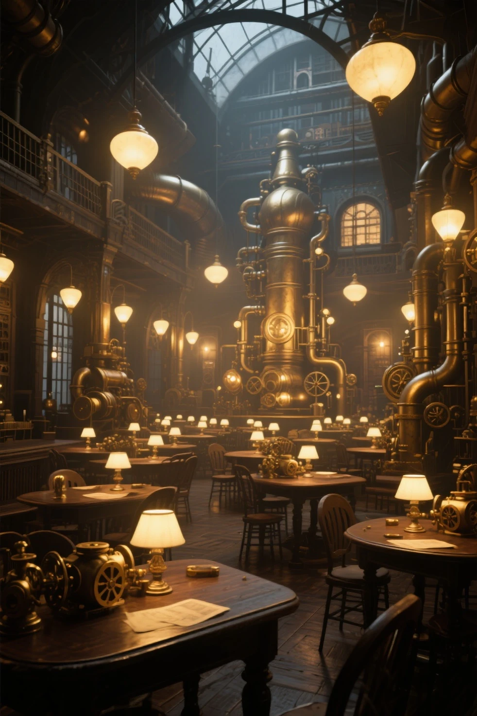 has a big room , with lots of lights and lots of tables, steampunk factory background, matte painting of steam machines, Fantastic atmospheric lighting , steampunk Concept Art, steampunk background, dramatic lighting. Concept Art, in a steampunk lab , Victorian science fiction, 3d rendered steampunk, steampunk imagery themed, golden steampunk city atmosphere, Concept Art stunning atmosphere
