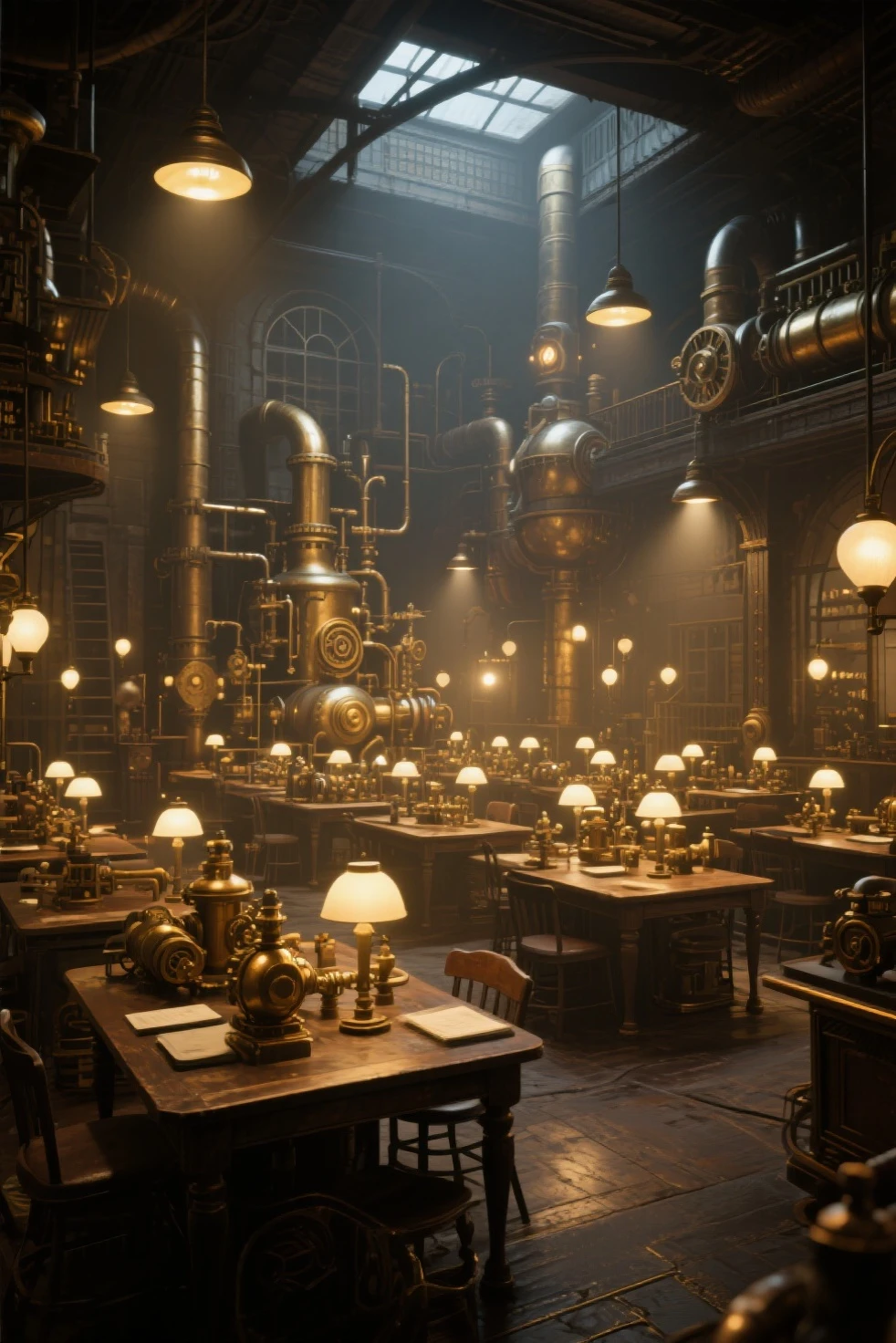 has a big room , with lots of lights and lots of tables, steampunk factory background, matte painting of steam machines, Fantastic atmospheric lighting , steampunk Concept Art, steampunk background, dramatic lighting. Concept Art, in a steampunk lab , Victorian science fiction, 3d rendered steampunk, steampunk imagery themed, golden steampunk city atmosphere, Concept Art stunning atmosphere