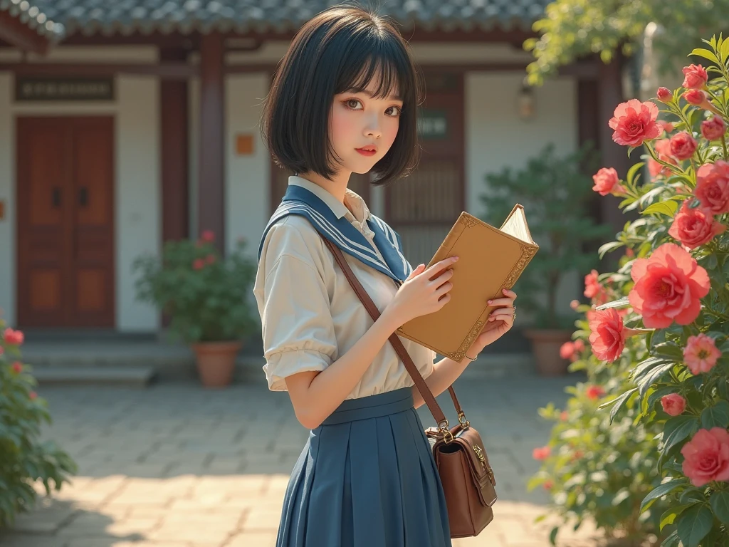 The picture style is exquisite and realistic，focusing on color matching and lighting effects。The subject is a stylish female student，Short-haired black hair， fair skin ， pretty face，Wearing a blue-and-white school uniform，White top，Blue Skirt，Wear black cloth shoes。She is standing in a classical Chinese garden，In the courtyard，with red moonflowers blooming on the side，She is carrying a brown cloth bag，holds a yellowed wire-bound book in hand，Focused eyes，Seems to be thinking。The warm color of the picture，creates a retro、Literary and artistic atmosphere。In composition，character in the center of the picture，The surrounding garden elements add embellishment to the character，It highlights the character's temperament and background。