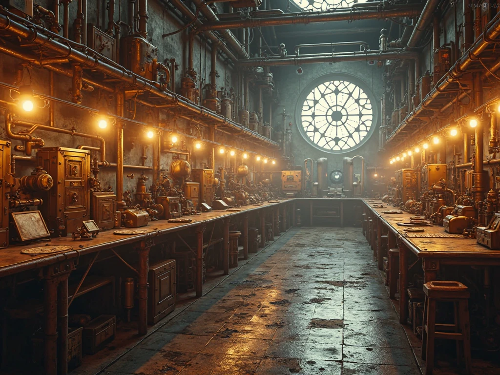 has a big room , with lots of lights and lots of tables, steampunk factory background, matte painting of steam machines, Fantastic atmospheric lighting , steampunk Concept Art, steampunk background, dramatic lighting. Concept Art, in a steampunk lab , Victorian science fiction, 3d rendered steampunk, steampunk imagery themed, golden steampunk city atmosphere, Concept Art stunning atmosphere