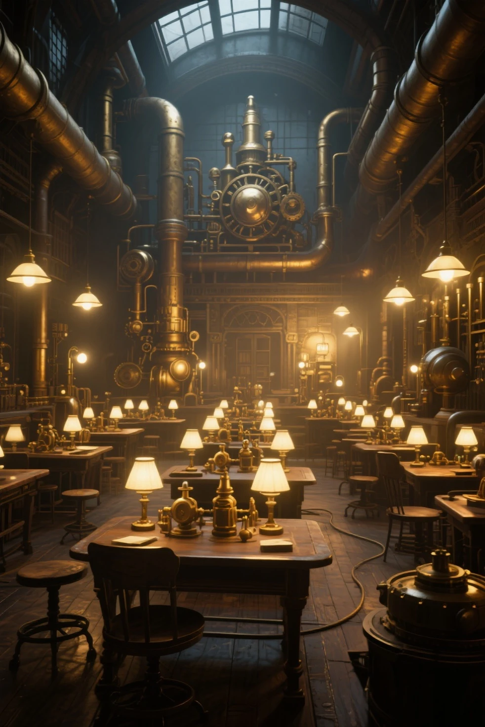 has a big room , with lots of lights and lots of tables, steampunk factory background, matte painting of steam machines, Fantastic atmospheric lighting , steampunk Concept Art, steampunk background, dramatic lighting. Concept Art, in a steampunk lab , Victorian science fiction, 3d rendered steampunk, steampunk imagery themed, golden steampunk city atmosphere, Concept Art stunning atmosphere