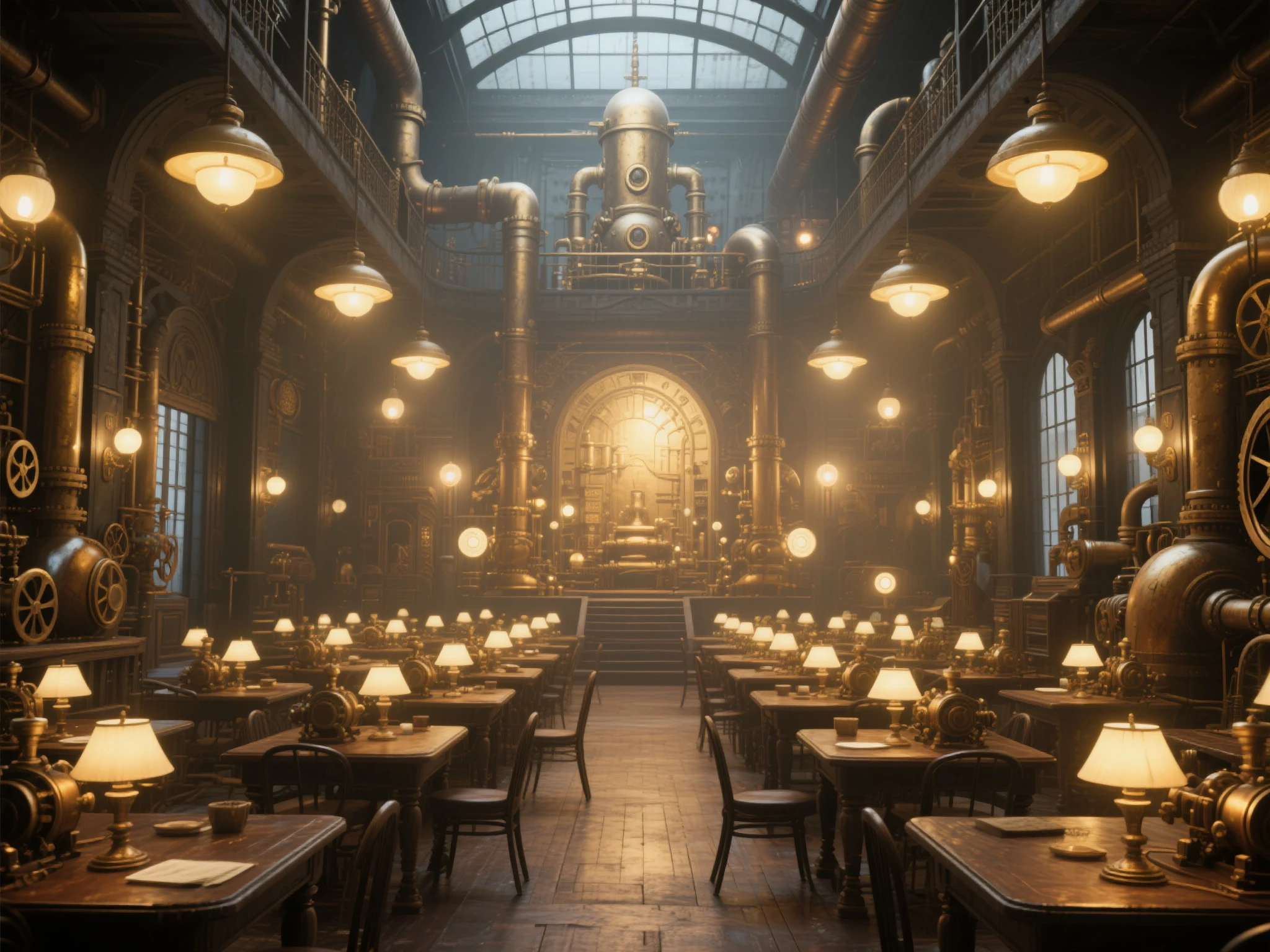 has a big room , with lots of lights and lots of tables, steampunk factory background, matte painting of steam machines, Fantastic atmospheric lighting , steampunk Concept Art, steampunk background, dramatic lighting. Concept Art, in a steampunk lab , Victorian science fiction, 3d rendered steampunk, steampunk imagery themed, golden steampunk city atmosphere, Concept Art stunning atmosphere