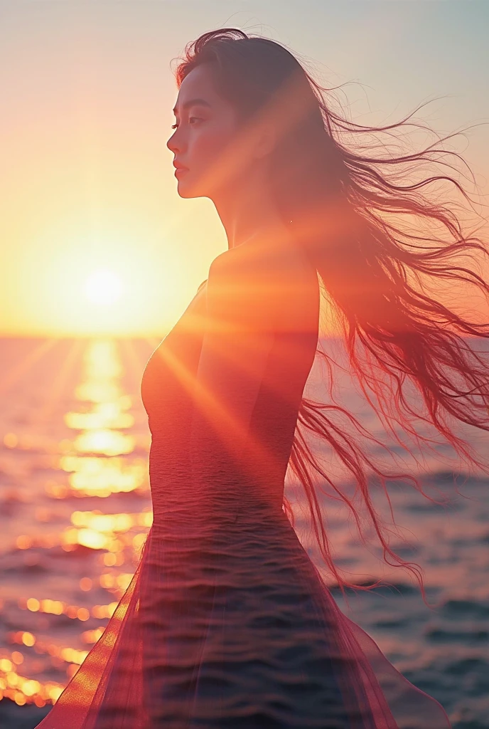 high quality，8k ultra high definition，美丽的Doubleexposure，Combining the silhouette of the goddess with the sunset coast， sunset coast should be used as the bottom background，Details are integrated into the silhouette of the goddess，Clear lines，The background is a monochromatic ，Focus sharp，Doubleexposure，Created by yukisakura，Gorgeous full color