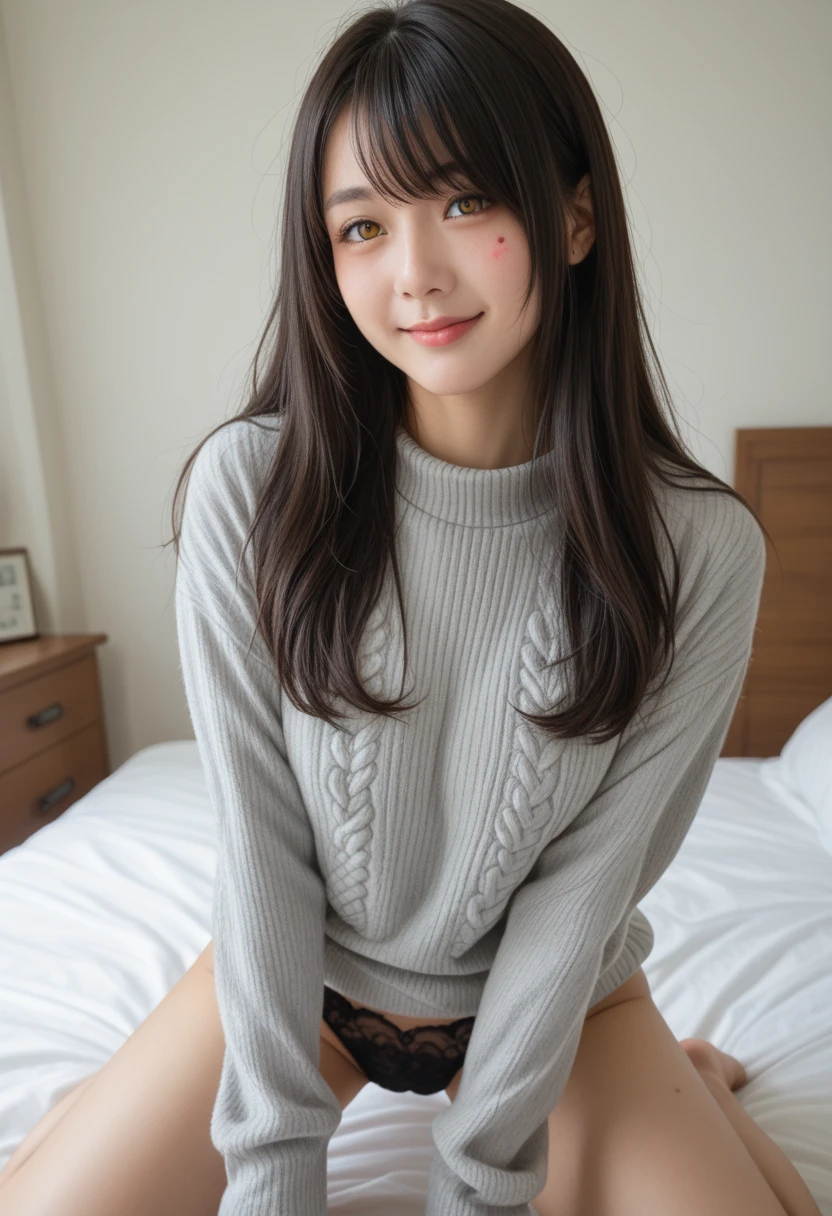 Rating 9，rating 8 or higher，Rating 7 is controversial，Magical Light，Fantastic lighting，Soft lighting，Steam pervades，Depth of field ，1 girl ，alone，adults，18yr old，(1 girl ，dark colored hair，Golden eyes，hair adornments蝴蝶结，hair adornments，hair covering one eye， long hair，birthmark，胸Department上的birthmark，Pale skin)， long hair，By bangs，Calm smile，gray sweaters，Virginity End Sweater，Separate sleeves，black lace panties，watching the audience，Department，is shy，on top of the bed，Kneeling pose，胸Department下垂，(POV Embrace)，tilted angle，丰满臀Department，完美臀Department，Be expressive