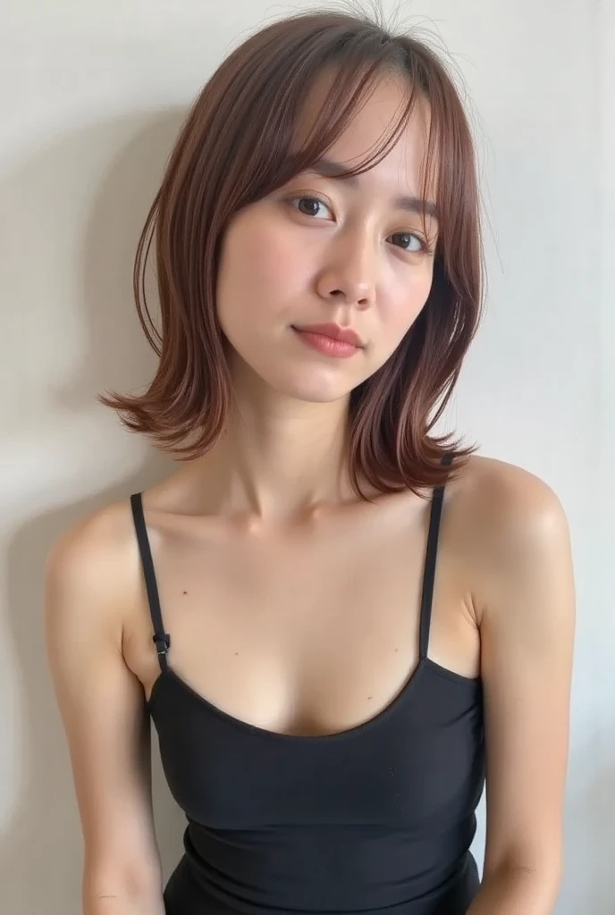 Look into the eyes, Eye contact, Front of face, face, Cross-legged, indoor, Brown Hair, bangs, Tank top, Sweat, clavicle, shoulder, Cross-legged, chest, Earrings, Skin Moisture, The gaze looking down on me, Look at me, chest元, breast, Private room