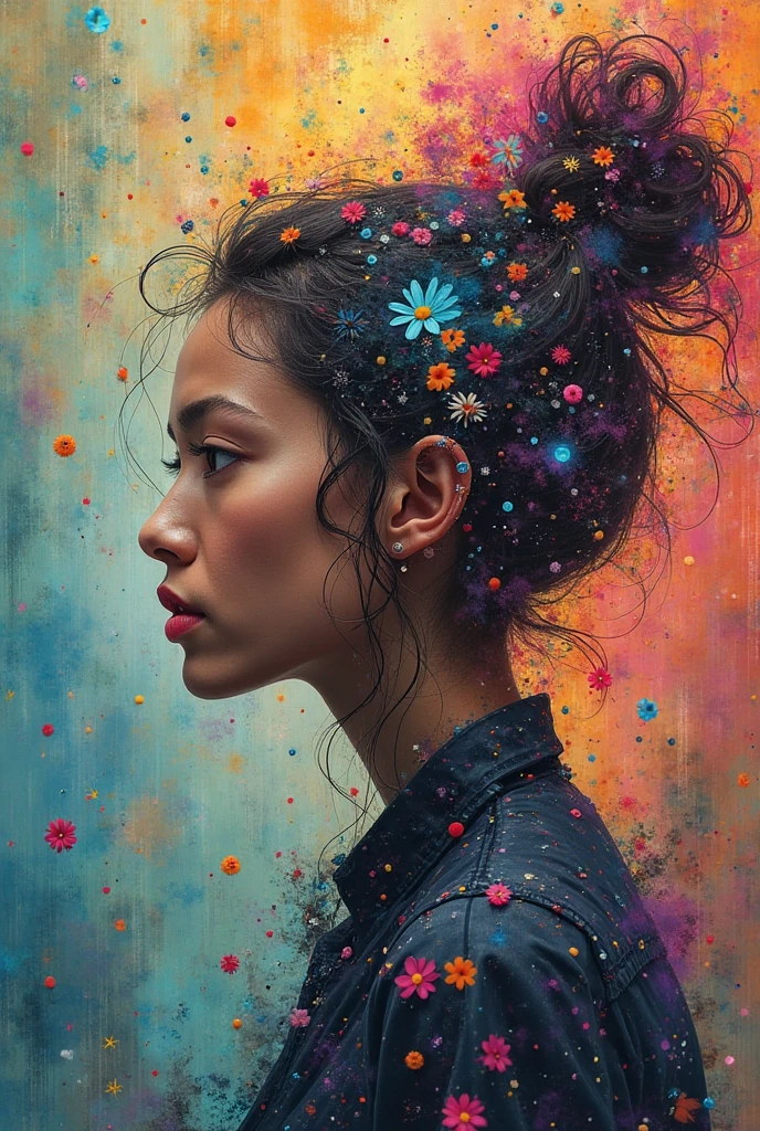 masterpiece, (beautiful and aesthetic:1.5), surrealism, highly detailed, colorful binary code effect forming a silhouette of a girl, portrait, weave together to create a harmonious fusion of technology and art, (epic composition, epic proportion), HD